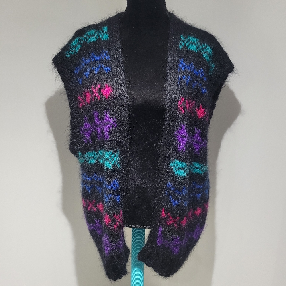 Vintage Womens 80s Neon Fuzzy Wool Sleeveless Cardigan Sweater Large Black Multi